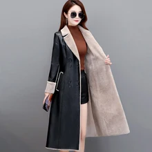 

Women Long Leather Overcoat Winter 2021 Fashion Lamb Fur Thicken Warm Tops Coat Lacing Belt Slim SKeepskin Outerwear Female