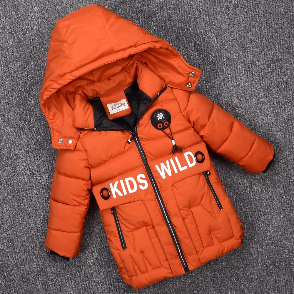 

[] BOY'S down Feather Cotton-padded Clothes Simple Kids' Overcoat Solid Color Thick Hooded Medium-small Child Cotton-padded Clot