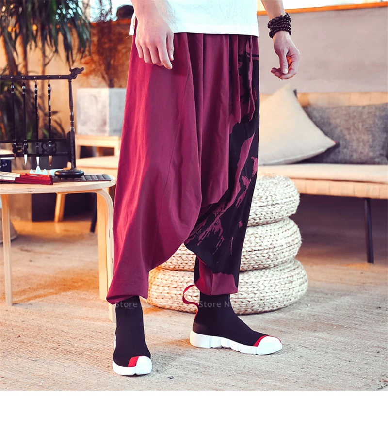 Японский стиль Харадзюку, широкие штаны-шаровары для мужчин, китайские мужские свободные брюки Ukiyo-e Crane Samurai Haori, нижняя часть азиатской одежды