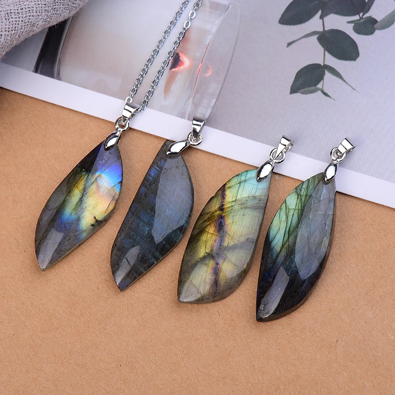 1PC100% Natürliche Labradorit Blatt form Anhänger Raw Kristalle Healing Stein Edelstahl Unisex Anhänger Halsketten DIY Geschenk Tasche – Detail 3