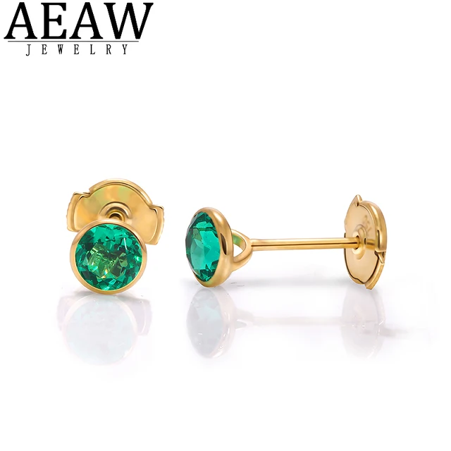1.0ctw 5.0mm Round Cut Lab Colombia Emerald Earring Solid Real 18k Yellow Gold Push Back Bezel Setting Certificated 1