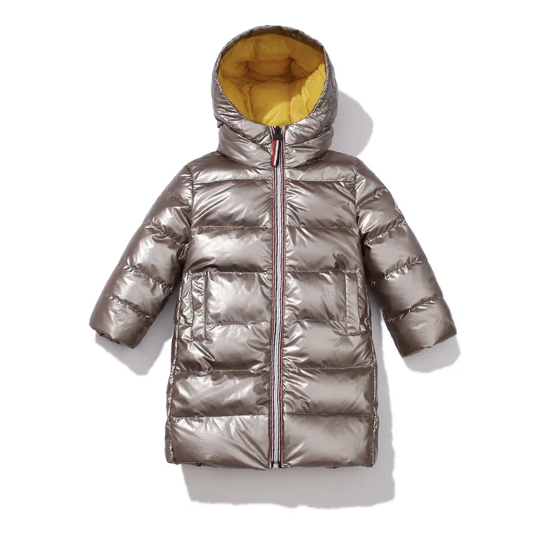 Модное блестящее зимнее длинное Детское пальто на утином пуху пуховая куртка для маленьких мальчиков и девочек теплая детская одежда на рост 90-150 см - Цвет: Золотой