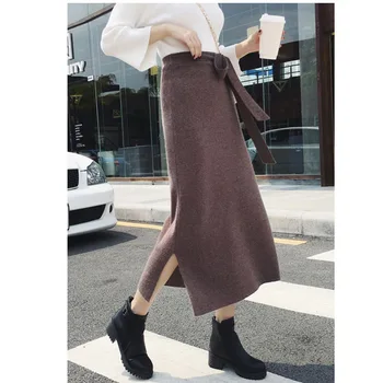 

Women's Solid Knit Long Skirt Autumn Winter A-line Skirt Women's Thick High Waist Bow Lace-up Split Tight Hip Step Skirt ML301