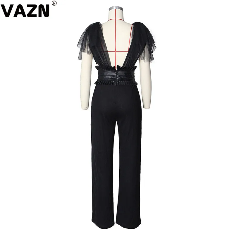 VAZN ZSC0231, хит, открытые,, одноцветные, повседневные, женские комбинезоны, сексуальный, v-образный вырез, кружева, рукав, длинные штаны, топ, слоеный, Облегающий комбинезон