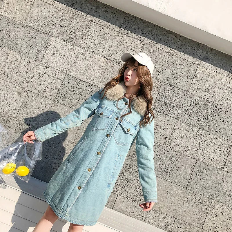 

Photo Shoot Thick Cowboy Cotton Coat Female Winter New Style plus Velvet Cotton-padded Clothes Mid-length Trench Coat Berber Fle