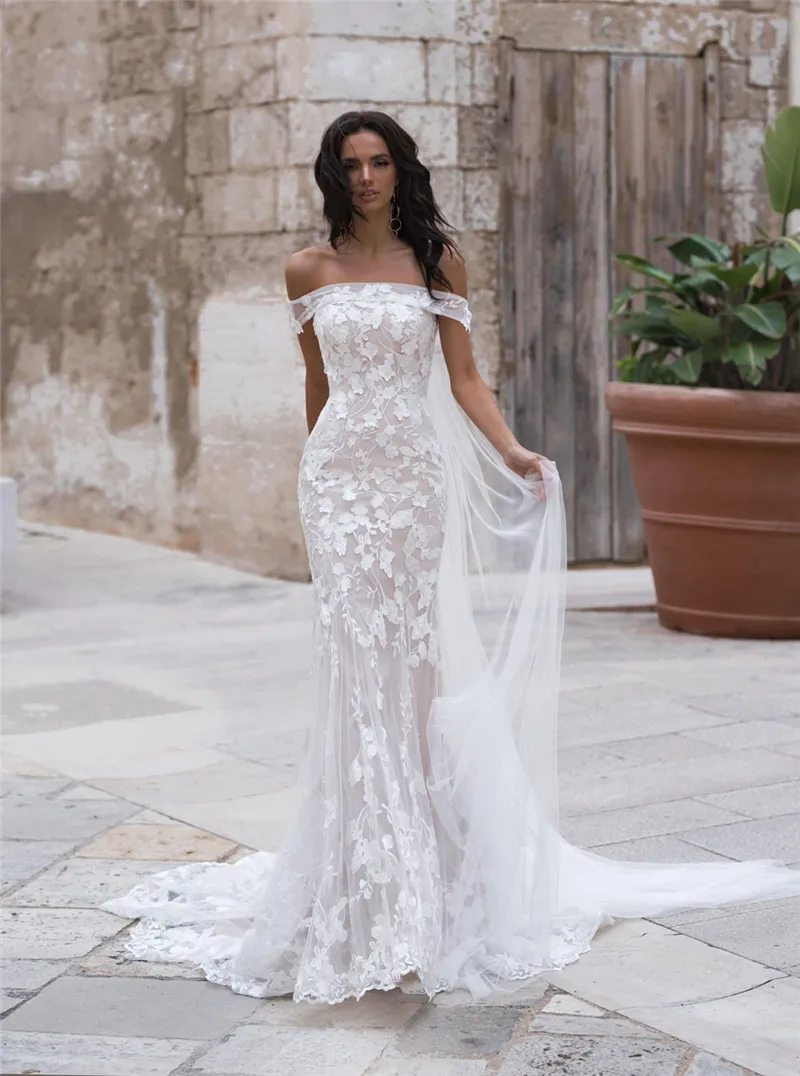 

Bateau Mermaid Slim Wedding Dresses Appliques Lace Up Corset With Wrap Bridal Gowns Spring New Designer Long Beach