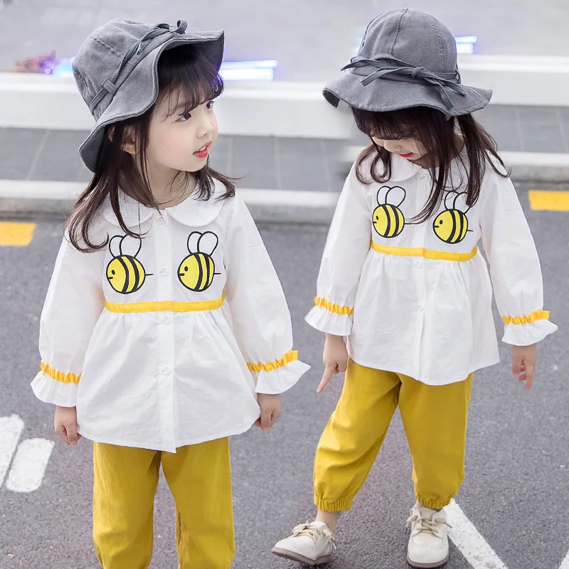 

Spring Autumn Suits Long Sleeve Grid Shirt Vogue Two-Piece Bee Girls Children Wear Sweatpants Casual Set Children Cherry
