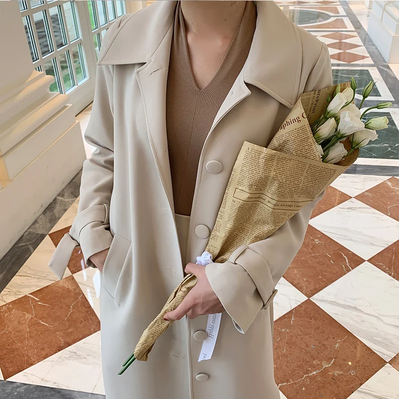 Designer custom French elegance, slim single-breasted long knee-length trench coat Four-color wild windbreaker women - Цвет: Beige