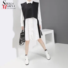 Новинка, комплект из двух предметов, корейский стиль, женская мода, длинный рукав, белая рубашка, платье и черный жилет, женское Повседневное платье миди, халат 5441
