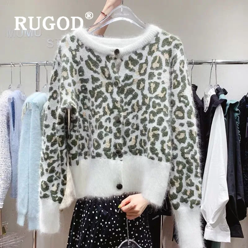 RUGOD корейский стиль винтажный Леопардовый Пушистый кардиган однобортный с круглым вырезом имперские кашемировые женские зимние свитера Топы