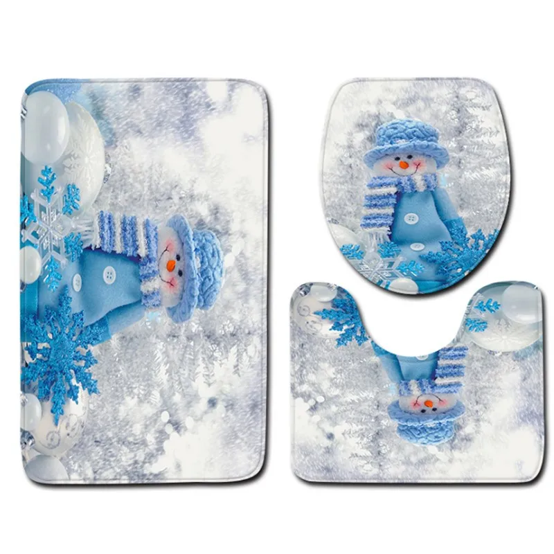  3 pieces/Set Cartoon Christmas Snowman Pattern Soft Anti-silp Bath Mat Flannel Contour Rug Lid Toil