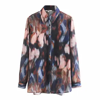 

new fashion women vintage tie dye printing casual chiffon blouses metallic lines shirts female chic business blusas tops LS6258