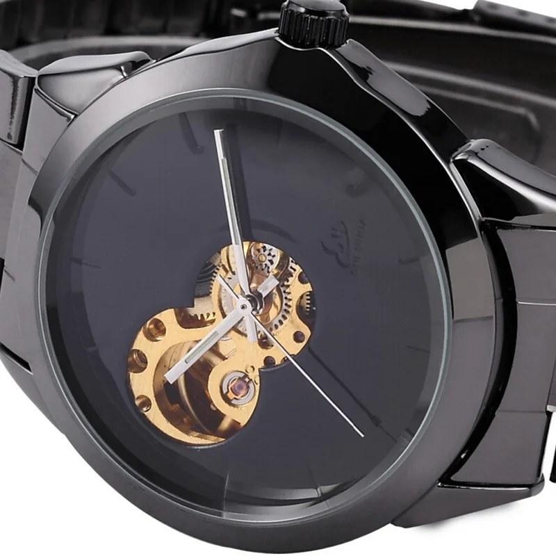 SHENHUA Luxury Men Watches Famous Brand Black Dial Automatic Self Wind Mechanical Skeleton Watches Men relogio masculino