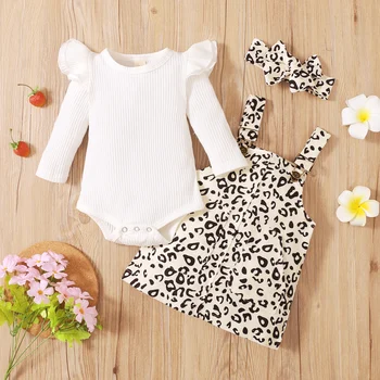 Lioraitiin 0-18M Newborn Infant Baby Girl 3Pcs Autumn Fashion Clothing Set Long Sleeve Solid Bodysuit Top Leopard Skrit 2