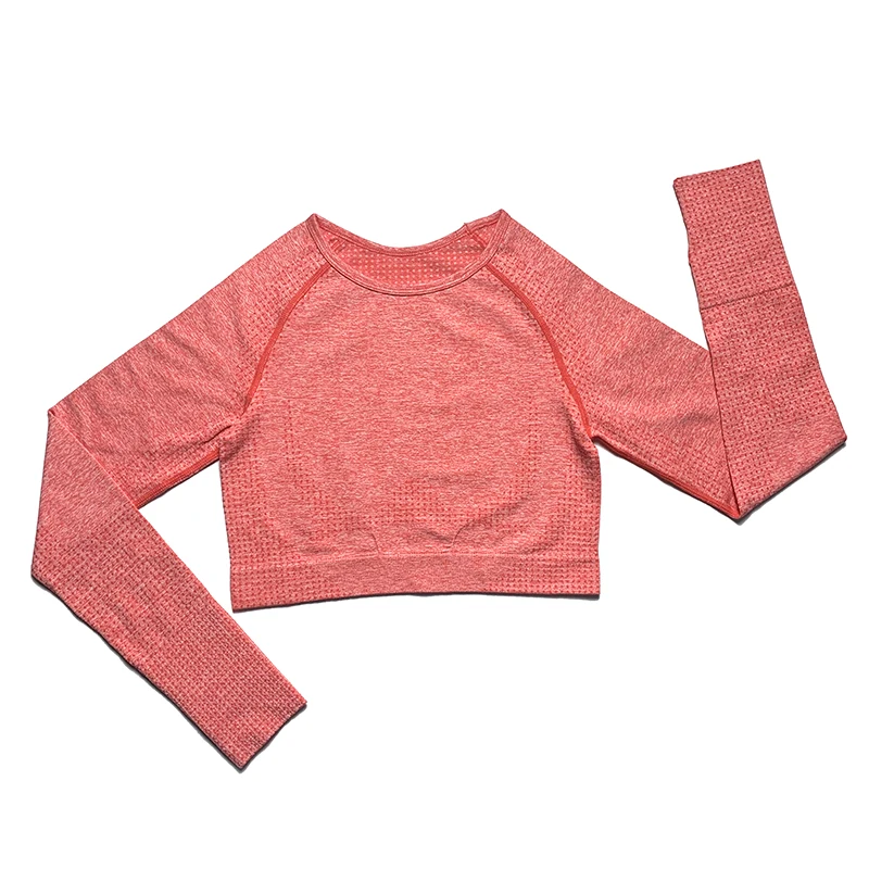 Coral red top Женский комплект 2 шт., спортивный костюм для занятий йогой, наборы для занятий в тренажерном зале, одежда для тренировок, с длинным рукавом, для фитнеса, укороченный топ с высокой талией, бесшовные леггинсы - Цвет: Coral red top
