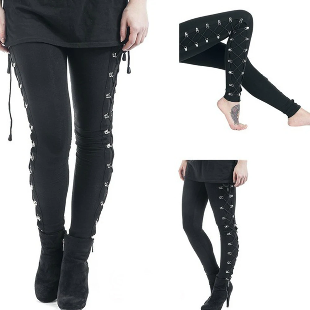 Готические брюки с заклепками, женские черные стимпанк обтягивающие женские леггинсы, модные готические темные карандашные штаны для женщин