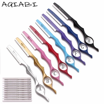 Billige Rasierer Cut Haar Edelstahl Professionelle Salon Sharp Barber Razor Klinge Haar Schneiden Ausdünnung Messer 1Pcs + 10 Klingen A6100