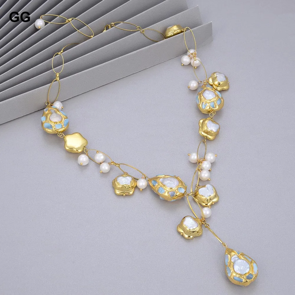 

GuaiGuai Jewelry Natural Freshwater Cultured White Keshi Pearl Gold Color Plated Ede Blue Larimars Chips Necklace 21" For Women