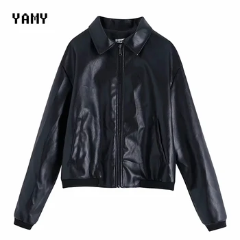 

New PU leather Womens black Jacket turn down collar casual motocycle faux leather Jacket Outwear zora basic Biker Jacket 2019