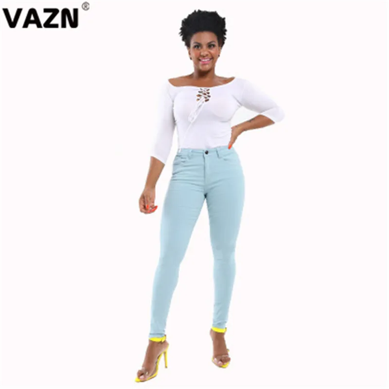 Light blue VAZN YP9015 Осень Высокое качество группа неопрятный свежий прозрачный сексуальный общий комбинезон джинсы однотонные обтягивающие женские длинные узкие брюки - Цвет: Light blue
