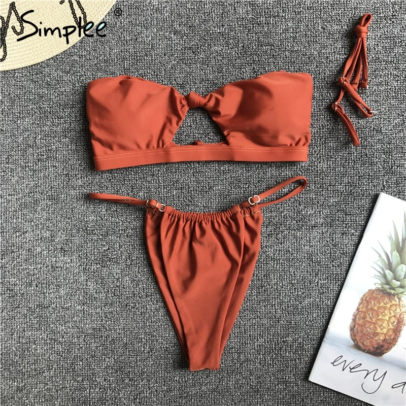 

Simplee Sexy tied up two pieces women bikini Push up padded solid women swimsuit Highcut drawstring summer swimwear suit 2019