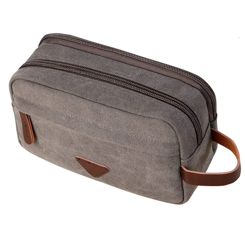 Portable Washed Canvas Double Zipper Cosmetic Bag Makeup Case Travel Organizer