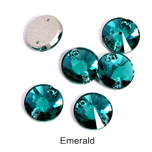 40pcs AAAAA Quality 12mm Round Rivoli Glass Sew On Rhinestones Flatback Crystal Sewing Strass for DIY Wedding Dress B1248 - Цвет: T205-Emerald