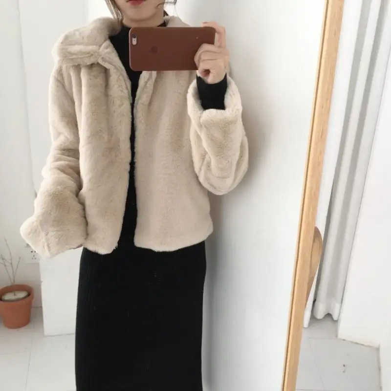Женская куртка на молнии, осенне-зимнее пальто, куртка-бомбер, Harajuku, элегантная одежда, негабаритная верхняя одежда, роскошный искусственный мех кролика, W022