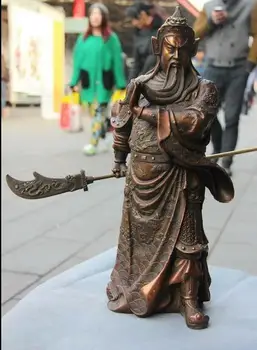 

Chinese Copper Bronze Feng Shui Dragon Guan Gong GuanYu Hold Dragon Sword Statue