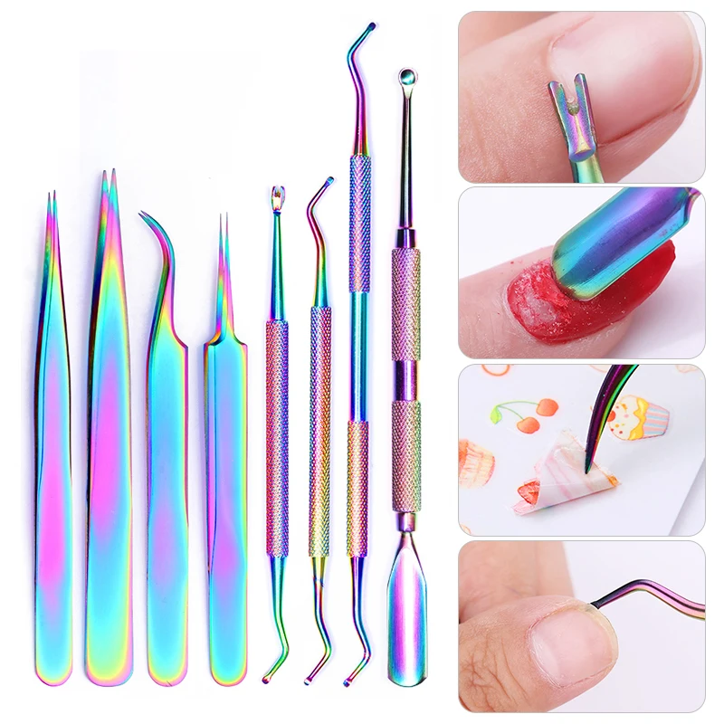 

8 Style Colorful Stainless Steel Nail Art Cuticle Remover UV Gel Double Head Pusher Finger Dead Skin Lime Clean Pedicure Tools