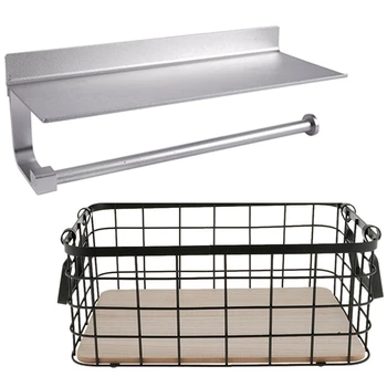 

2 Pcs Accessories: 1 Pcs Iron Storage Basket With Handle Black & 1 Pcs Roll Paper Towel Holder Tissue Shelf