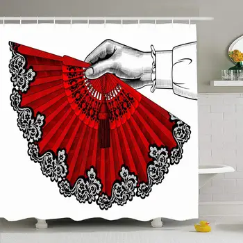 

Shower Curtain Set with Hooks 72x72 Female Hand Human Red Open Fan Exotic Modish Elegant with Vintage Accessory Beauty Fashion
