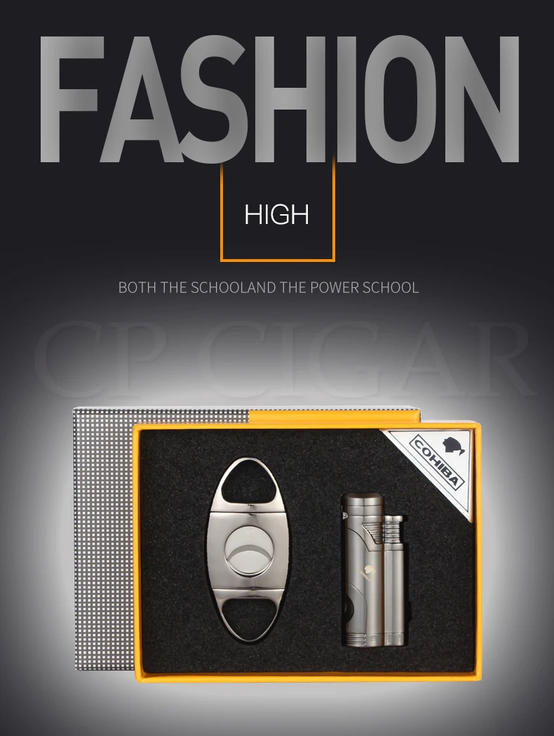 COHIBA металлический резак для Сигар Зажигалка Набор ветрозащитный газ 2 струйный фонарь зажигалки для сигар бутан карманный Каттер для сигар острый удар сигар