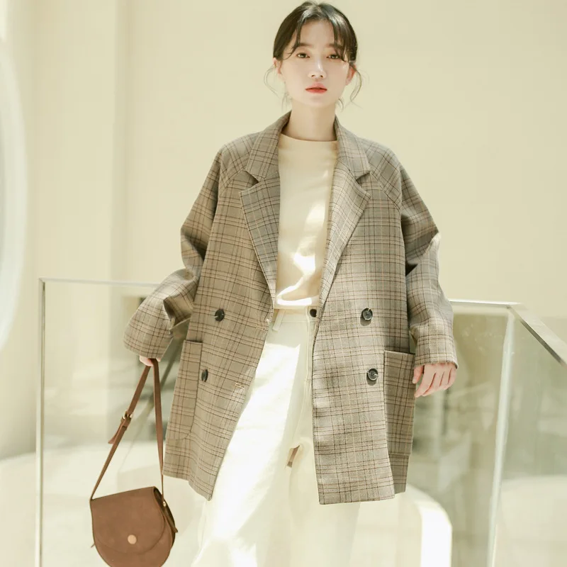 

2019 Autumn Korean-style Simple Elegant England Mid-length Double Breasted Retro Suit Collar Plaid Small Suit Coat Women's
