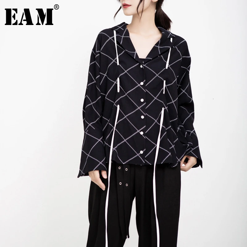 

[EAM] Women Black Plaid Drawstring Temperament Blouse New Lapel Long Sleeve Loose Fit Shirt Fashion Spring Autumn 2019 1B898