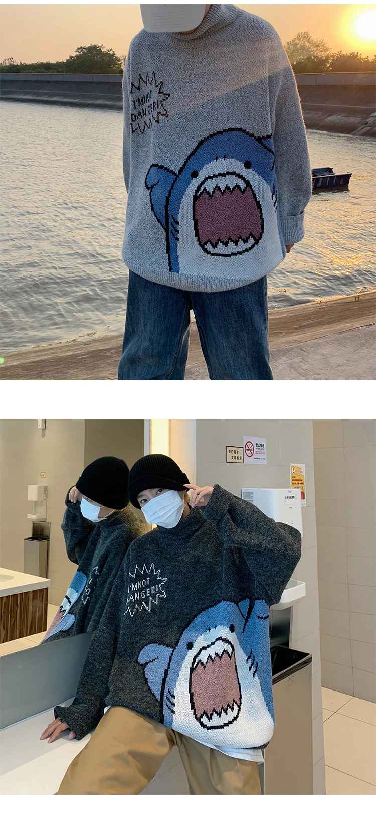 Men Turtlenecks Oversized Sweater Shark Letter JKP4765