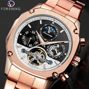 

Forsining Brand Mens Mechanical Watches Super Grand Automatic Moonphase Tourbillon Earth Date Rose Gold Steel Belt Watch Relogio