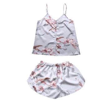 

Sexy Soft Pyjamas Suit New Home Wear Print Flower Spaghetti Strap Summer Sleepwear Satin Casual Sleep Set 2PCS Nightwear