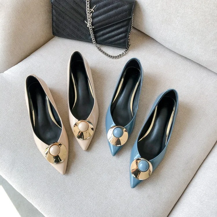 

Mei yi lang Pointed Toe Chunky Heel WOMEN'S Shoes Circle Metal Buckled Low-Cut Low-top Shoes Rubber Sole Ladies' Shoes