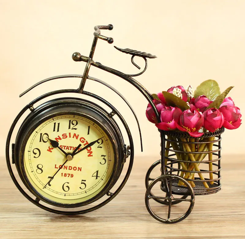 Трехколесный велосипед кованого железа украшения круглые часы рабочего стола Цветочная композиция контейнер Ретро велосипед украшения
