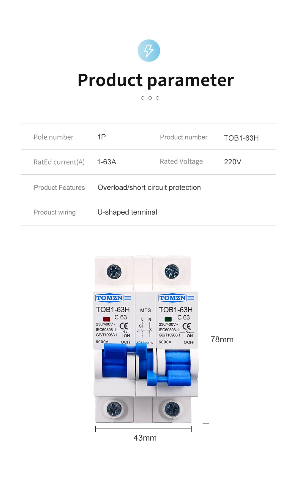 MTS TOMZN-AC Dual, interruptor, MCB, 50HZ, 60HZ, 1P + 1P