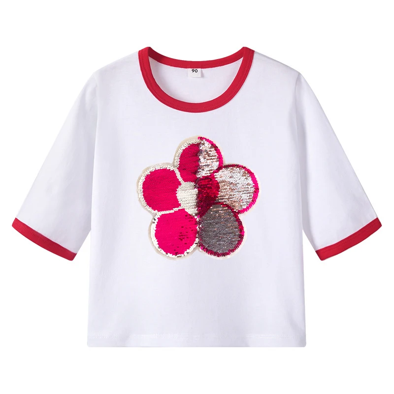 Футболки с цветочным узором для девочек; осенний топ с длинными рукавами и оборками; детская футболка с блестками; Двусторонняя Футболка с блестками для девочек; детская одежда для девочек-подростков
