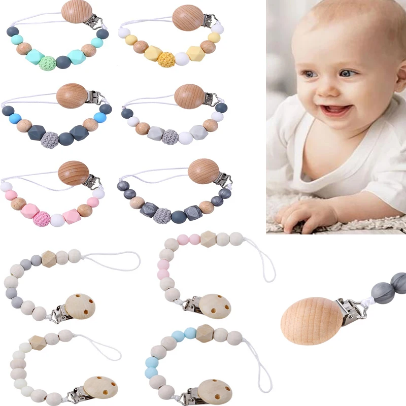 Baby Kids Wooden Beaded Pacifier Holder Clip Nipple Teether Dummy Strap Chain