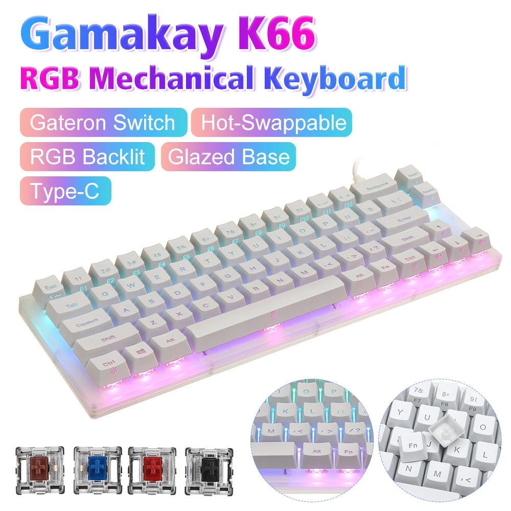 white computer keyboard Gamakay K66 Keys Hot Swappable Mechanical Gaming Keyboard Tyce-C Wired RGB Backlit Keyboard Gateron Switch Crystalline Base mini computer keyboard