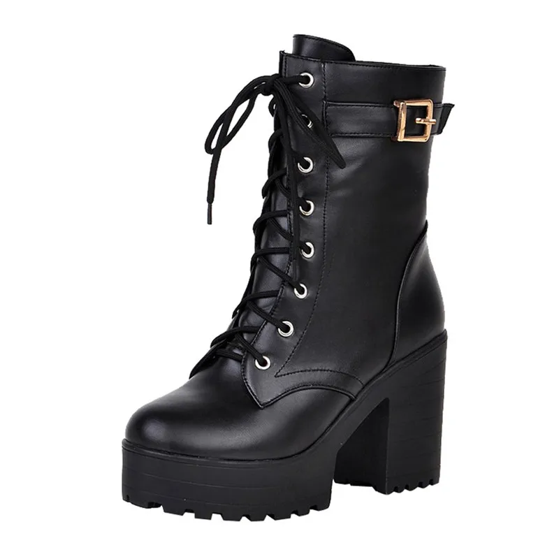 

Fashion Women Boots High Heels Platform Buckle Lace Up Leather Short Booties Ladies Casual Footwear Lace-Up Women's Boots
