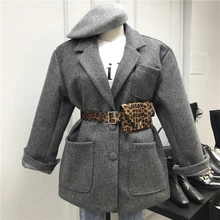 [EWQ] осенне-зимнее Новое минималистичное плотное теплое зимнее короткое пальто с леопардовым принтом и ремнем QL951