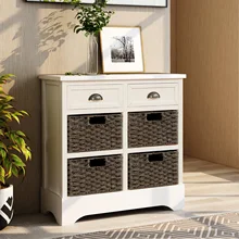  Rustic Storage Cabinet with Two Drawers and Four Classic Rattan Basket for Kitchen/Dining Room/Entryway/Living Room Furniture 