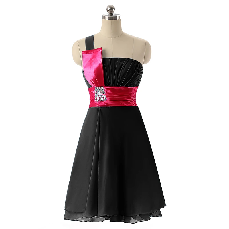 Black Fuchsia Милое шифоновое Короткое мини платье для выпускного вечера, плиссированное коктейльное платье с рюшами, платье на одно плечо со стразами, небесно-голубое Недорогое Платье SLD017 - Цвет: Black Fuchsia