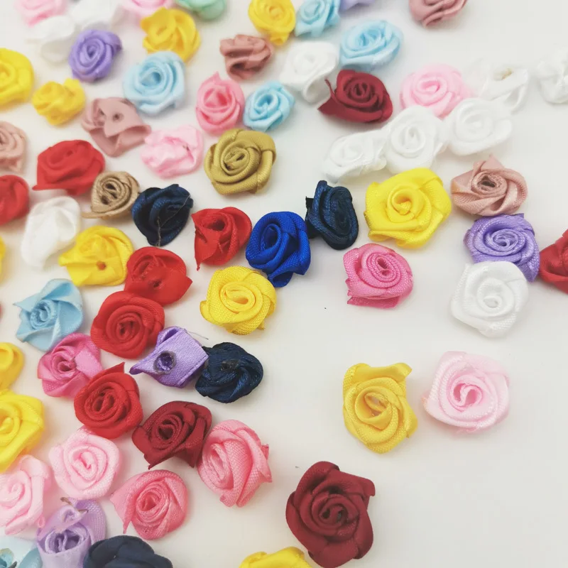 (100pcs/pack) 15mm Mix Color Small Rose Flower Mini Handmade DIY Satin Ribbon Rose Head Wedding Scrapbooking Decoration Flower
