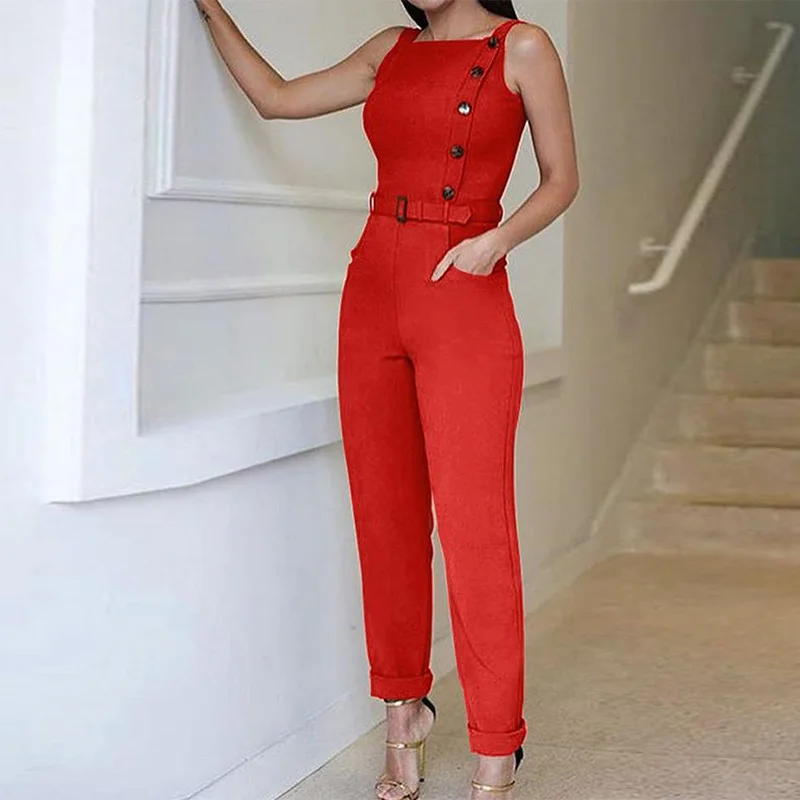 

Sleeveless Solid Color Button Design Jumpsuits for Women